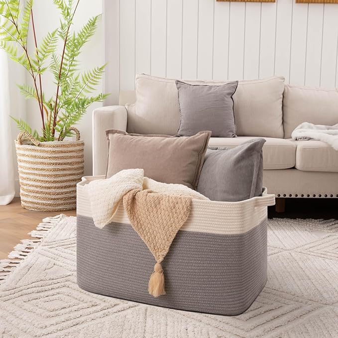 OIAHOMY Extra Large Blanket Basket, 95L Woven Storage Basket, Cotton Rope Toy Bin for Baby Room, Container for Storage in Living Room, 24''×17''×14'', Grey & White