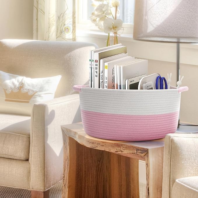 Medium Rope Basket with Handles, Medium Bohe Storage Basket, 17 "L x 12.5" W x 8.5 "H, Home Decor Organizer for Towels,toys, Books & Magazines