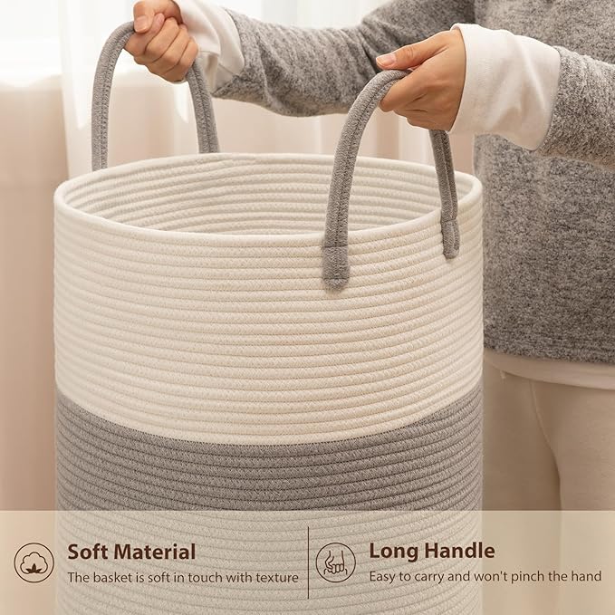 OIAHOMY Large Laundry Basket Hamper - 100L Cotton Rope Woven Basket for Blankets, Toys, Clothes - Tall Decorative Nursery Hamper with Long Handles, Grey/White