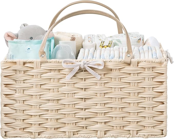 HBlife Diaper Caddy Organizer, Washable Waterproof, Portable Plastic Wicker Woven Basket with Divider, Nursery Diaper Station, Baby Shower Gifts Basket & Car Organizer