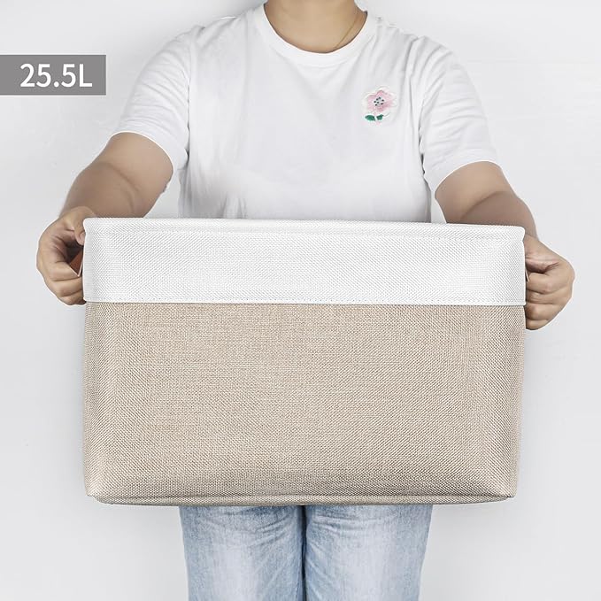 Bagnizer Storage Bins Large Fabric Storage Baskets for Shelves 3 Pack, Decorative Linen Closet Baskets with Handles for Organizing, Shelf, Clothes, Home, Office, 15x11x9.5Inches (Beige&White)