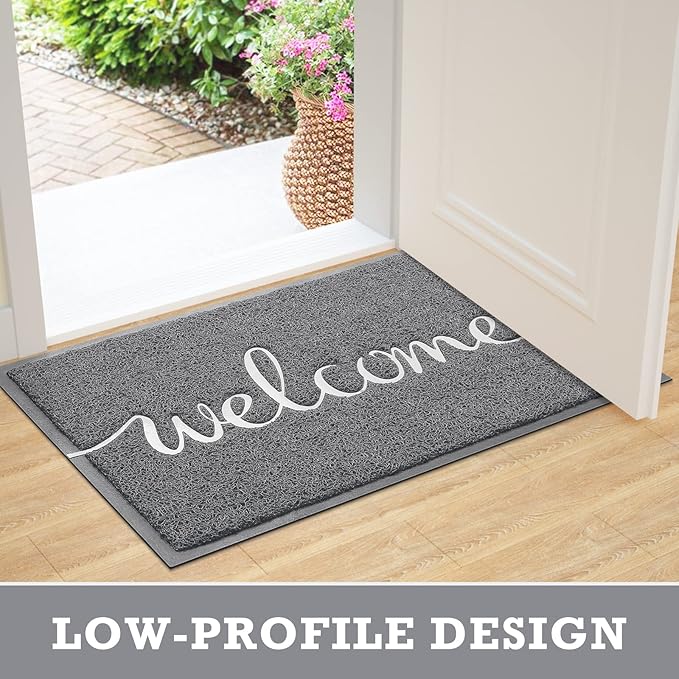 Grey Door Mat Welcome Mats Outdoor Indoor Non-Slip Doormat for Entryway Low-Profile Floor Mat for Yard, Garage, High Traffic Areas (36"x24", Grey)