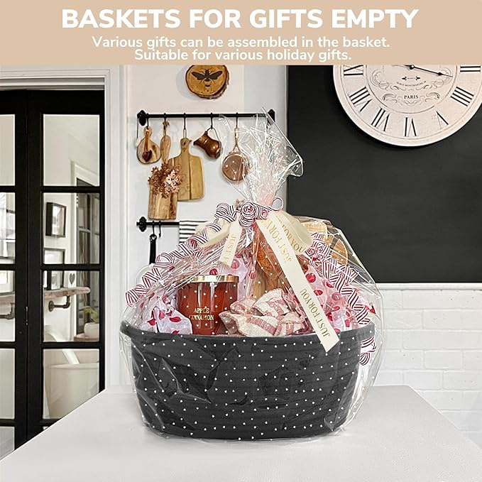 CHICVITA Black Empty Gift Basket, Small Woven Baskets for Organizing, Rope Baskets for Storage, Decorative Basket for Dogs, Cats, Cute Organizer for Shelves, 12"x 8"x 5"