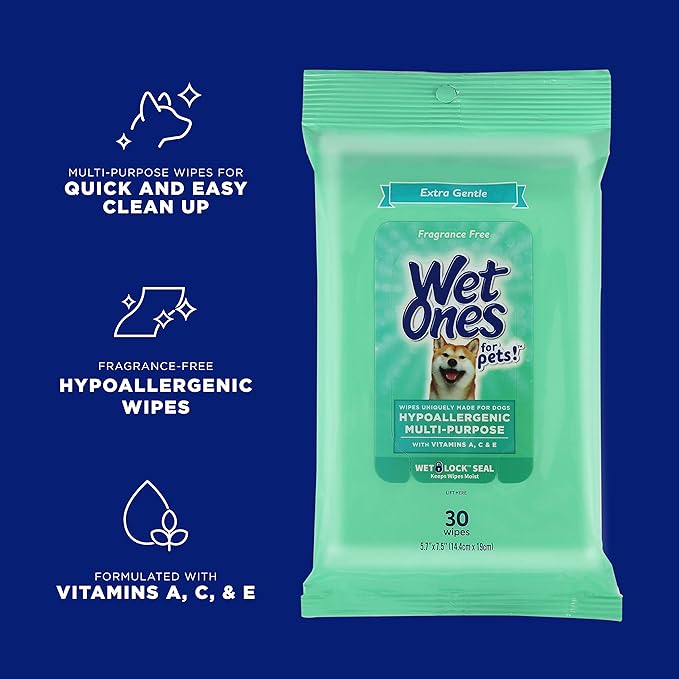 Wet Ones for Pets Multi-Purpose Dog Wipes With Vitamins A, C & E | Fragrance-Free Dog Wipes For All Dogs Wet Ones Wipes with Wet Lock Seal | 30 Count Pouch - 8 Pack