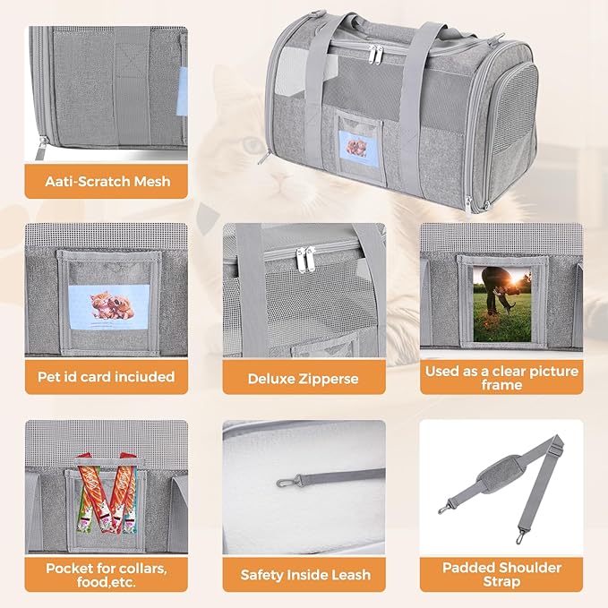 FOORLON Cat Carrier Soft for Pets Up to 15 Lbs, Cat Travel Bag with Padded Shoulder Strap and Detachable Cat Food Bowl, Pet Dog Carriers for Small Dogs Travel Puppy Carry Airline Approved, Grey
