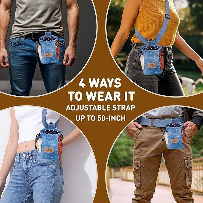 INSPECTOR TAIL Dog Treat Pouch w Drawstring to Prevent Spills | 2 Cup Tote | Hands Free w 4 Ways to Wear Puppy Bag w Pockets for Snacks Poop Bags Keys & Cards | Pet Training Walking & Rewarding Holder