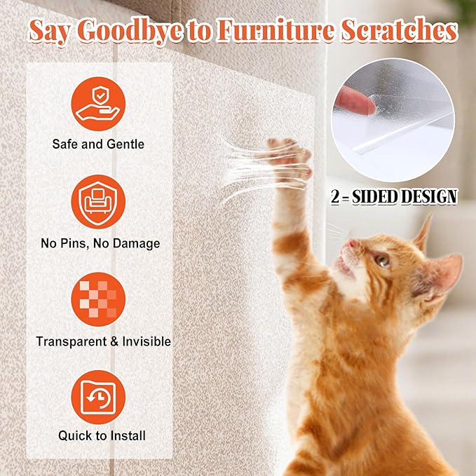6 Pack Cat Scratch Furniture Protector – Double-Sided Sticky Deterrent Training Tape from Cat Claws, Clear Anti-Scratch Guard for Couch, Sofa, Doors, Easy Apply & Residue-Free, Not for Leather,Velvet
