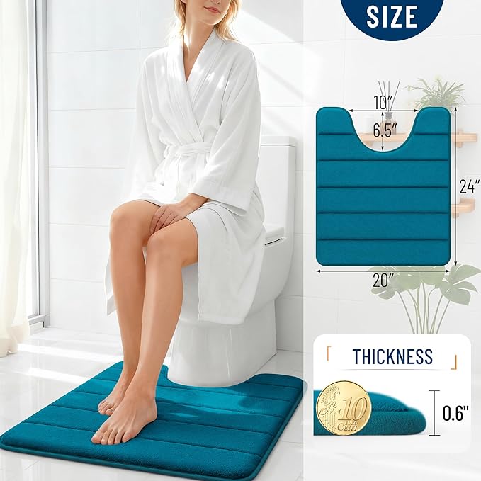 OLANLY Memory Foam Toilet Rugs U Shaped 24x20, Super Soft Absorbent Contour Bath Rugs, Quick Dry, Machine Washable Toilet Mat, Bathmat Carpet, Bathroom Home Decor Accessories, Peacock Blue