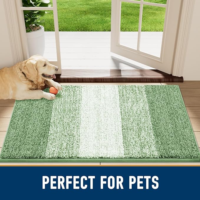 Smiry Dog Door Mat for Muddy Paws, Absorbs Moisture and Dirt, Low-Profile Entryway Mat with Non-Slip Backing, Entry Indoor Outdoor Doormat for Inside Floor (48x32 Inches, Sage Green, Striped)