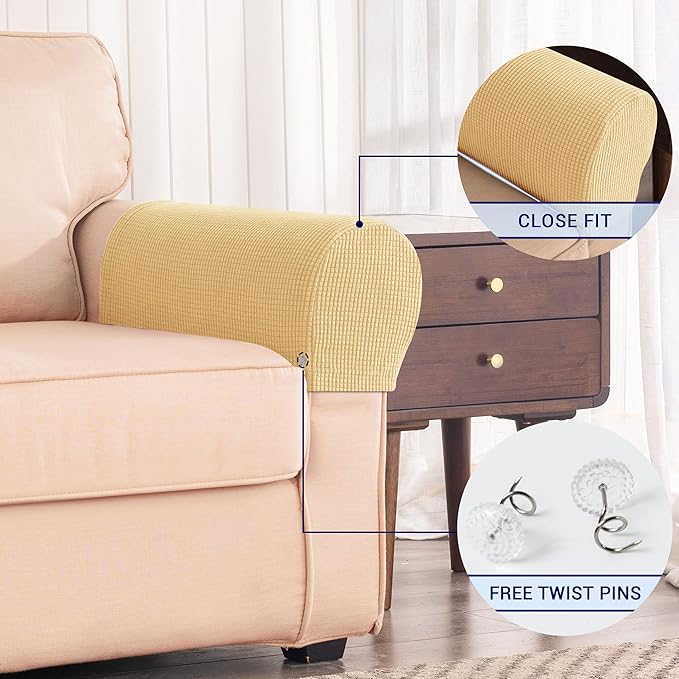 SUBRTEX Stretch Armrest Covers Spandex Arm Covers for Chairs Couch Sofa Armchair Slipcovers for Recliner Sofa with Twist Pins 2pcs (Sand Yellow)