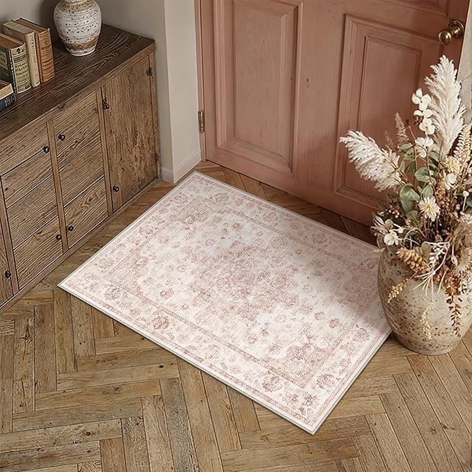 2x3 Washable Neutral Area Rug Pink Vintage Entryway Kitchen Carpet Non-Slip Soft Low Pile Farmhouse Indoor Small Throw Rug for Bedroom Bathroom Entrance