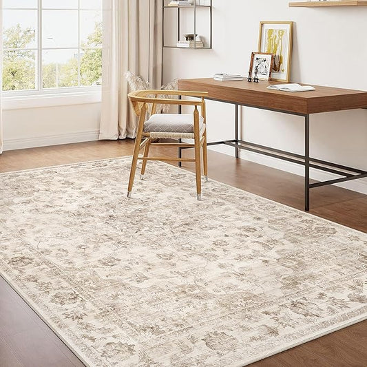 4x5 Washable Neutral Area Rug Beige Vintage Entryway Office Carpet Non-Slip Soft Low Pile Farmhouse Indoor Throw Rug for Living Room Bathroom Dining Room