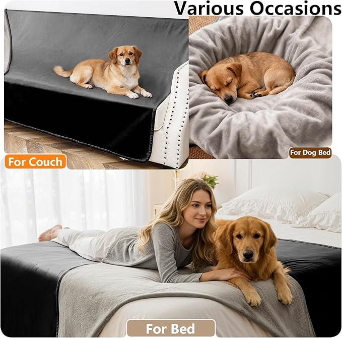 Tuffeel Waterproof Blanket for Bed, Leak Proof Dog Couch Blankets Reversible, Pet Throw Sofa Furniture Protector Machine Washable-82 x120,Black+Lightgrey