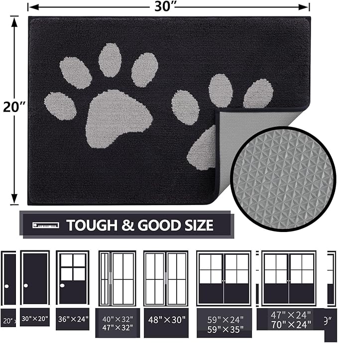 Buganda Dog Door Mat for Muddy Paws, Absorbent Dirt Trapper Washable Indoor Doormats, Non Slip Low-Profile Mud Mat for Dogs, Front Entrance Doormat for Inside Floor (47x32 Inches, Black and Grey)
