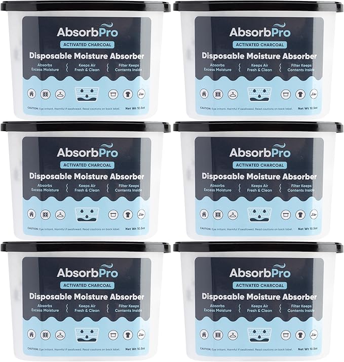 Moisture Absorber Tub with Activated Charcoal - 6-Pack - 10.5 oz Disposable Odor Eliminator Box & Dehumidifier for Garage, Home, Kitchen, Bedroom, Bathroom, Closet, Cars, and Boats