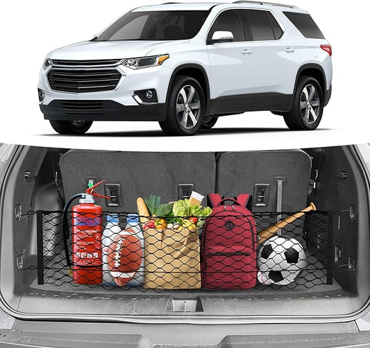 Trunk Cargo Net for 2018-2025 2026 Chevrolet/Chevy Traverse Accessories Envelope Style Mesh Trunk Net Organizer and Storage Stretchable Adjustable Elastic Nylon Rear Cargo Netting with Hooks