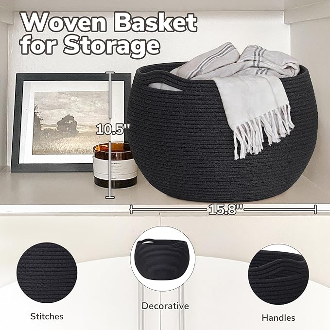 Goodpick Large Toy Storage for Kids, Black Baby Basket for Baby Shower, Decorative Woven Rope Basket for Nursery Living Room, 15.7"D x 10.5"H