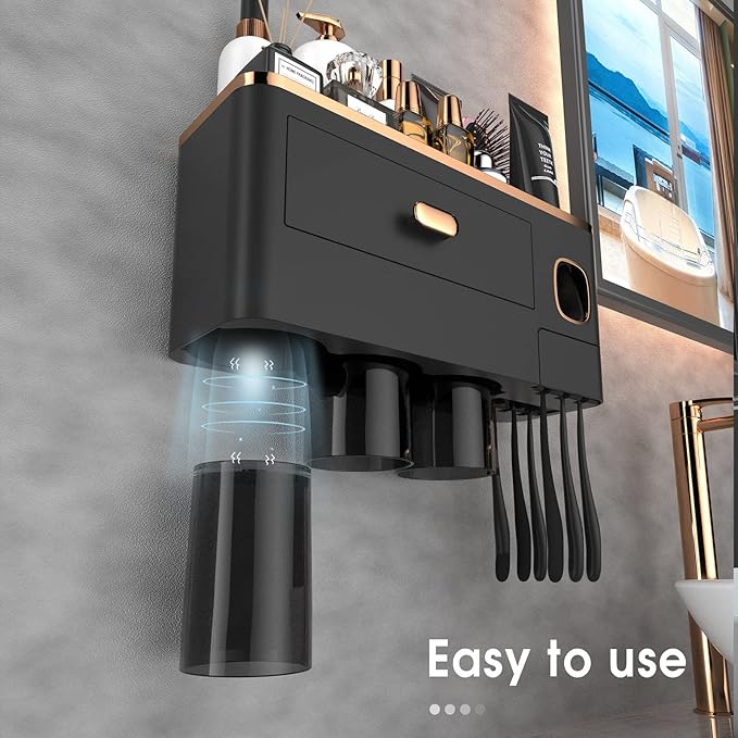 iHave Toothbrush Holders Wall Mounted with Toothpaste Dispenser & 3 Cups - Luxury Black and Gold Design for Bathroom Decor, All-in-One Bathroom Organizers & Storage for Toothbrushes and Accessories