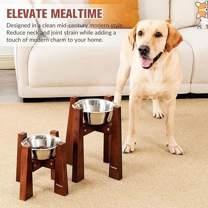 Elevated Dog Bowl Stand for Medium Dogs, Sturdy Bamboo Raised Dog Food and Water Feeding Station - Adjustable Sideways (3 Cup Bowl Included)
