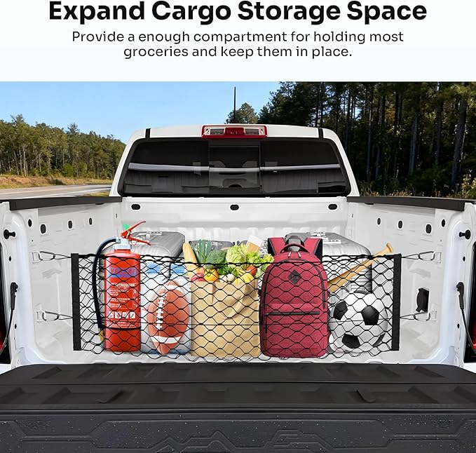 Trunk Cargo Net for 2023-2025 2026 Chevy Colorado &GMC Canyon Accessories Envelope Style Mesh Trunk Net Organizer and Storage Stretchable Adjustable Elastic Nylon Rear Cargo Netting with Hooks