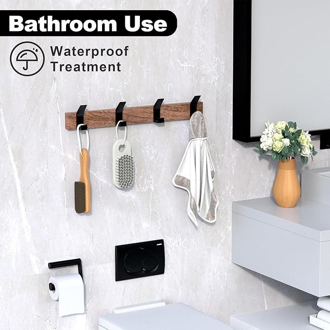 IURRDOP 17 Inch Black Walnut Wood Wall Mounted Coat Rack with 4 Black L Hooks, Adhesive Mounted Entryway Hooks, Modern Natural Wooden Pegs for Hanging Coat Clothes Hat Bag Purse Key and Towel