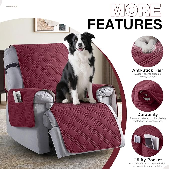 TAOCOCO 100% Waterproof Recliner Chair Cover, Oversized Recliner Covers for Large Recliner Chair with Double Straps, Non Slip Reclining Chair Cover for Kids, Pets(28'', Wine)