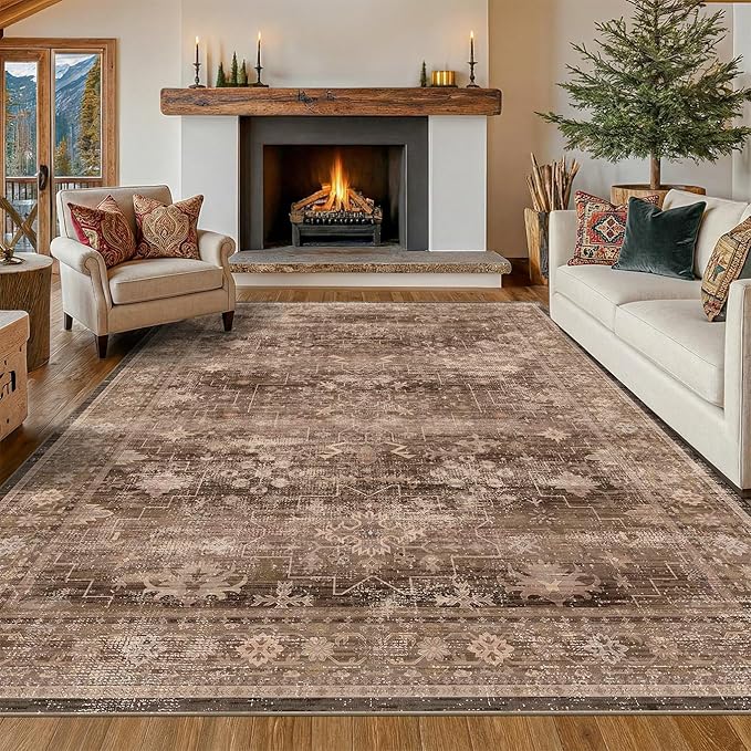 Gold Brown 8x12 Big Rugs for Living Room - Non Slip Washable Vintage Area Rug for Dining Room Under Table, Geometric Floral & Low Pile Boho Bedroom Decor