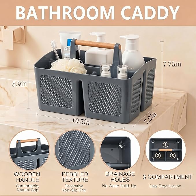Haundry Portable Shower Caddy Tote with Wooden Handle, 3 Compartment Plastic Organizer Basket for College Dorm Essentials, Bathroom Cleaning Supplies, Gray