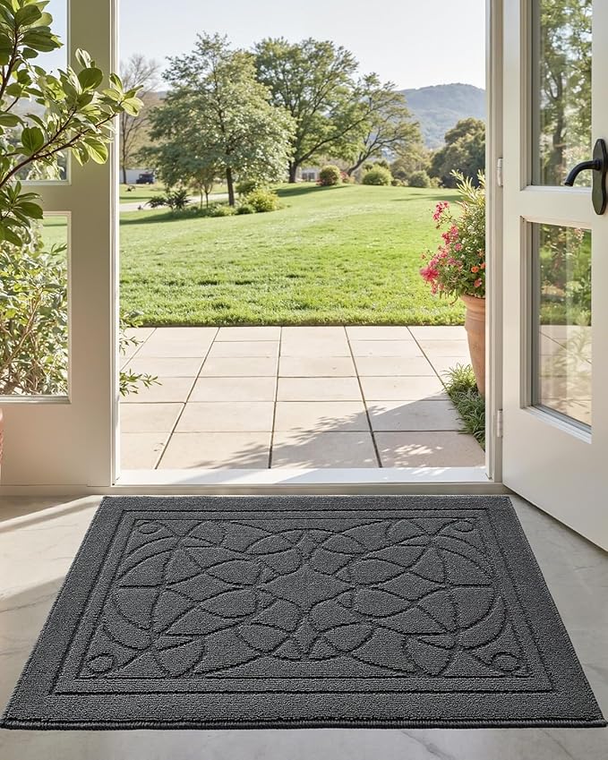 DEXI Front Entryway Door Mat Non Slip 32x48, Washable Inside Entry Way Mats Low Profile Entrance, Welcome Dirt Trapper Doormat Thin for House Floor Home Porter Hall Backdoor Area, Dark Grey