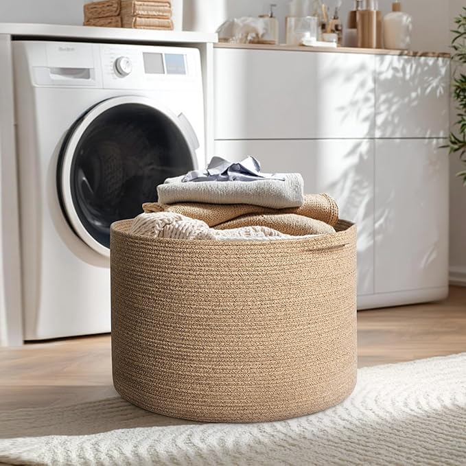 115L Wicker Storage Basket, 23.6"x15.7" Woven Cotton Rope Basket, Giant Kids Dog Toy Bin Organizer, XXXL Blanket Pillow Holder for Living Room, Brown Variegated Wicker Baskets for Organizing