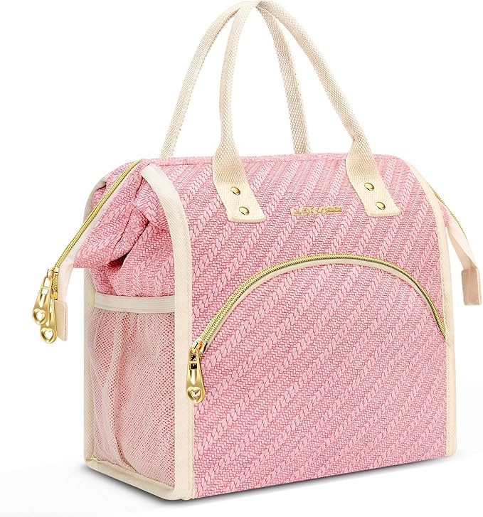 Lunch Bag Women Insulated Lunch Box Wide-Open Lunch Tote Bag Large Drinks Holder Durable Nylon Thermal Snacks Organizer for Men Adults Work Picnic Hiking Beach Fishing, Pink Braid