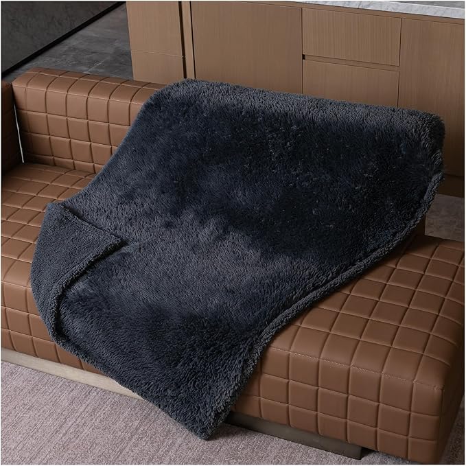 Wowchine Waterproof Dog Calming Blanket 40x28in Gray Pet Throw Blankets for Dogs Cats Fluffy Long Faux Fur Puppy Couch Cover Reversible Love Bed Mat Washable(Gray,S)
