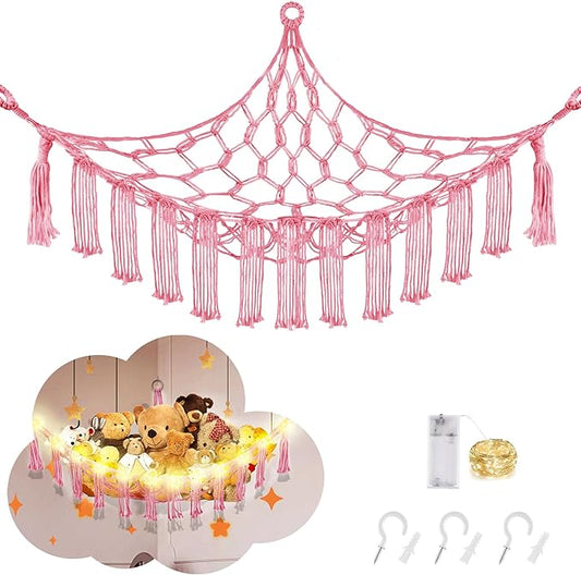 CERETIA Stuffed Animal Hammock with LED Light, Large Stuffed Animals Storage Corner Plushie Net for Kids Room Decor, Pink