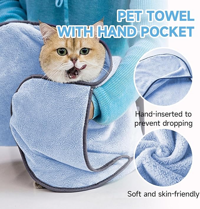 KUEIOX Dog Towels for Drying Dogs Small Medium Large, 2 Pack Dog Cat Drying Bath Towel 30.3"x13.8" with Hand Pocket,Absorbent Pet Towel for Dog Cat Blue