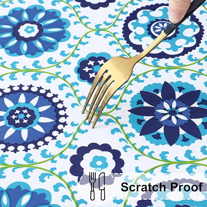 misaya Rectangle Vinyl Tablecloth, Fitted Table Cover, 100% Waterproof, Elastic Edge, Flannel Backing, Table Cloth Fit Folding Tables for Picnic, Outdoor (Navy Mandala, 36x60 inch)