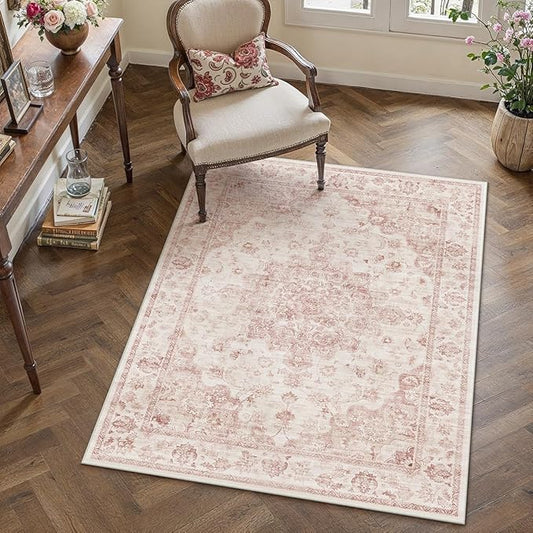 4x5 Washable Neutral Area Rug Pink Vintage Entryway Office Carpet Non-Slip Soft Low Pile Farmhouse Indoor Throw Rug for Living Room Bathroom Dining Room