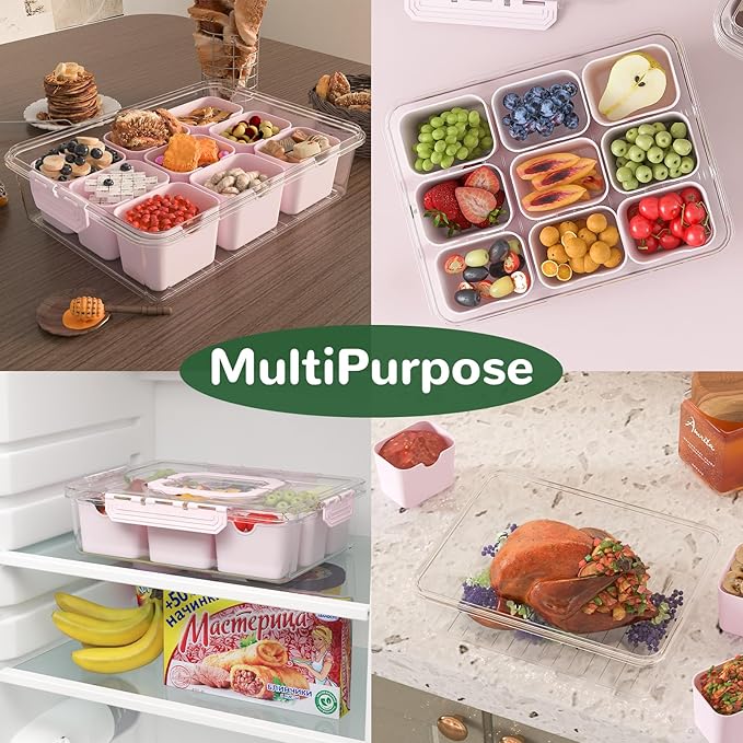 REBECAT Divided Serving Tray with Lid and Handles 9 Compartments Snack Box Container Charcuterie Organizer Snackle Box Container for Candy,Nuts，Fruits,Snacks,3 Pack,Pink
