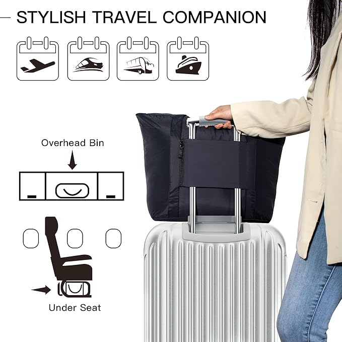 Foldable Lightweight Tote Bag Nylon for Travel Duffel,Polyester Packable Totes with Zipper, 23-28L Collapsible Compact Large for Women and Men,Black