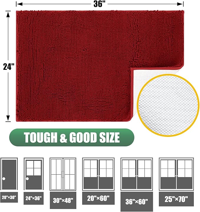 IM HOME Chenille Absorbent Outdoor Doormat 60" x 36", Washable Muddy Door Mats for Dog Non Slip Indoor Doormat Soft Front Inside Doormats for Entryway, Mud Dog Paws, Patio Red Burgundy