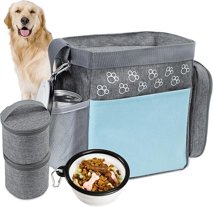 CLAWIST Dog Travel Bag with Treat Pouch, Airline Approved Dog Bags for Traveling, 2 Dog Food Travel Container, 2 Travel Bowls, Weekend Dog Travel Bag for Supplies, Dog Travel Kit Accessories