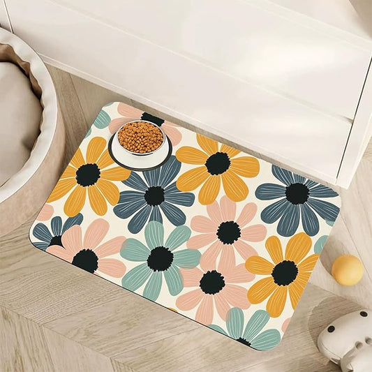 Abstract Daisy Flower Dog Food Mat for Floors,Retro Groovy Flowers Absorbent Pet Food and Water Bowl Mats,Non-Slip Pet Feeding Mat,Pet Supplies 16" x 24"