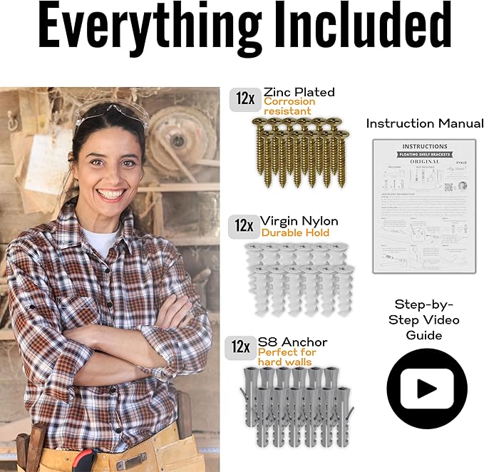 EVALD Hidden Floating Shelf Bracket | 6-Inch Heavy Duty Blind Shelf Support | Kitchen Shelf, Fireplace Mantel Bracket | Invisible Wall Mount Bracket for Home & Office | Floating Shelf Hardware 6 Pack