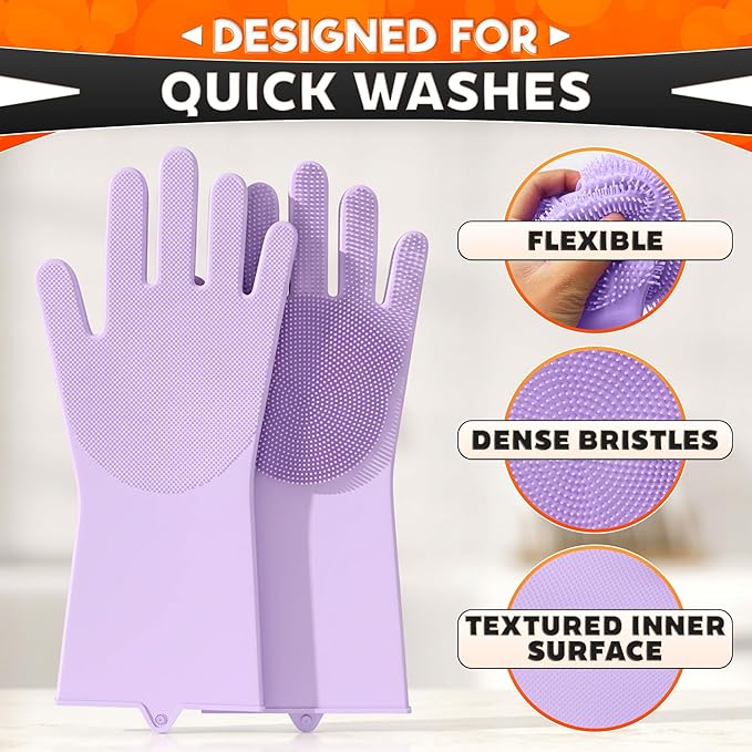 RZleticc Silicone Dish Gloves with Scrubbers – Thick Tear-Resistant Cat & Dog Washing Gloves for Bathing – Multi-Purpose Use