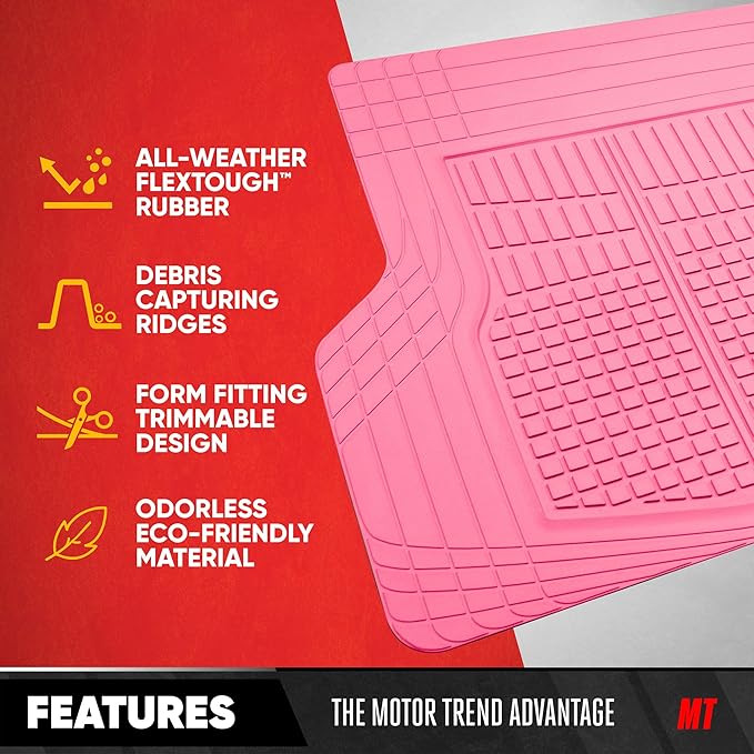 MotorTrend FlexTough Rear Cargo Mat – Heavy-Duty Trimmable Rubber Trunk Mat, Universal All-Weather Cargo Liner for Cars, SUVs & Trucks, Flexible Non-Slip Automotive Floor (Pink)