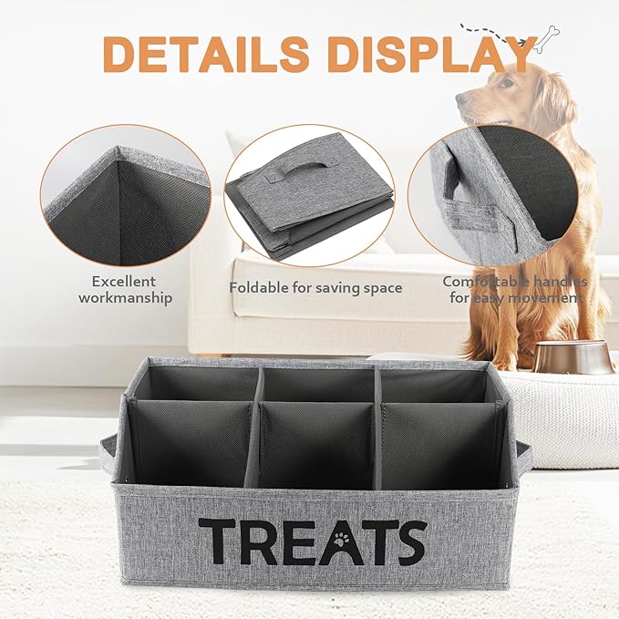 Brabtod 2pack Dog Storage Organizer,Trapezoid Dog Toy Basket,Dog Treat Container with handle,Collapsible Fabric Storage Box for Dog Toys and Dog Treats,Dog Treat Station with removable dividers-Grey