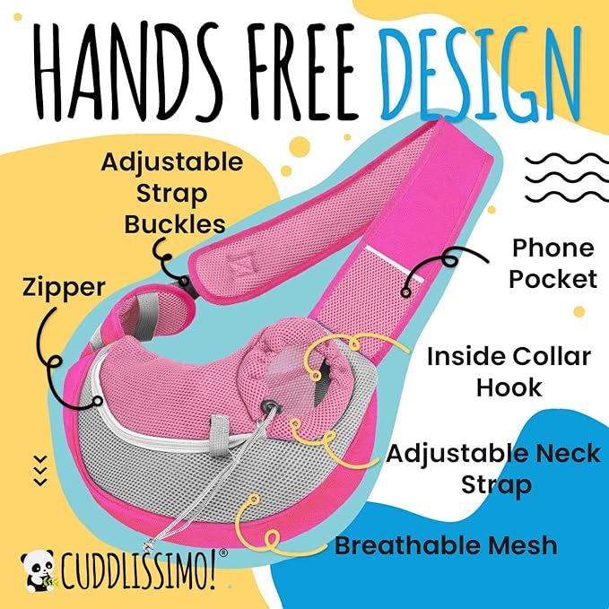 Cuddlissimo! Pet Sling Carrier - Carefully Sized for Teacup & Toy Breed Puppies & Cats (Under 6lb) - Soft Pouch for Small Dogs, Yorkies, Chihuahuas - Ideal for Hands-Free Travel & Walks (Pink)