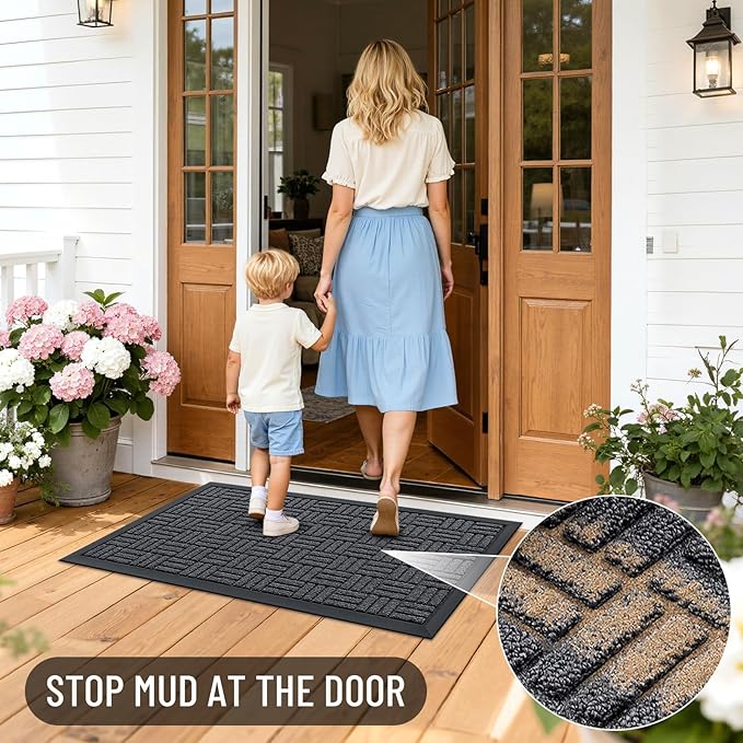 OLANLY Front Door Mat Outside Entrance 33x21, Absorbent, Heavy Duty Sturdy Natural Rubber Doormat Indoor Outdoor, Non-Slip, Stain and Fade Resistant, Low Profile Floor Mat for Entryway, Black Gray