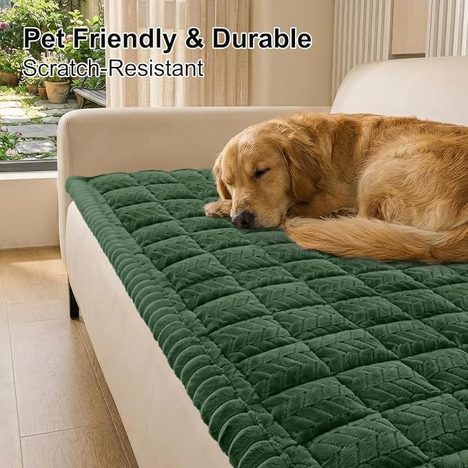 Smiry Non Slip Couch Covers for Dogs, Fuzzy Pet Couch Covers for 4 Cushion Sofa Pet Friendly, Soft Sofa Slipcovers Cushion Furniture Protector Washable (Dark Green, 35.4" x 95")
