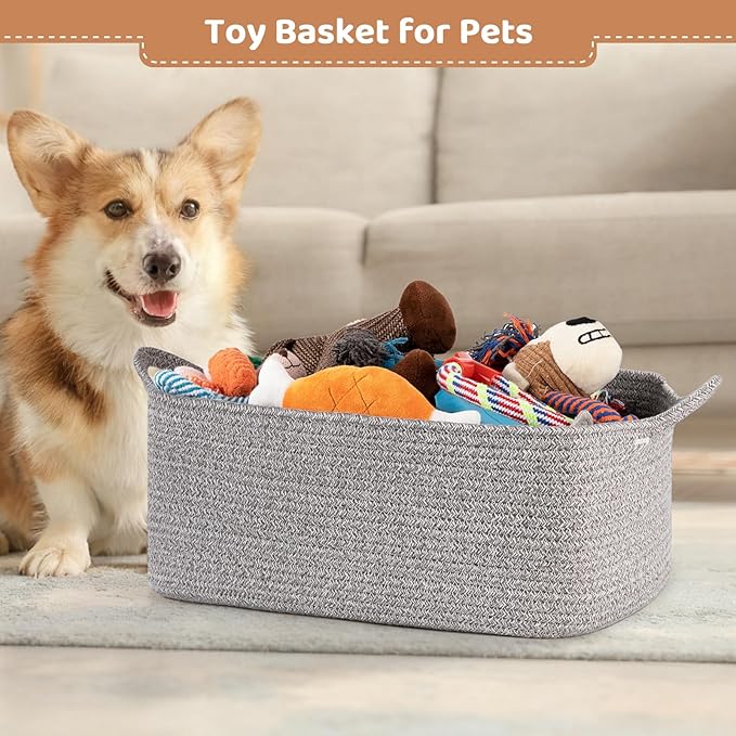 Large Empty Gift Baskets for Baby Shower, 16.5"L x 12.6"W x 7"H Cute Woven Storage Basket with Gift Bags and Ribbons, Small Rope Toy Basket with Handles, Cat Dog Pet Toy Organizer - Grey