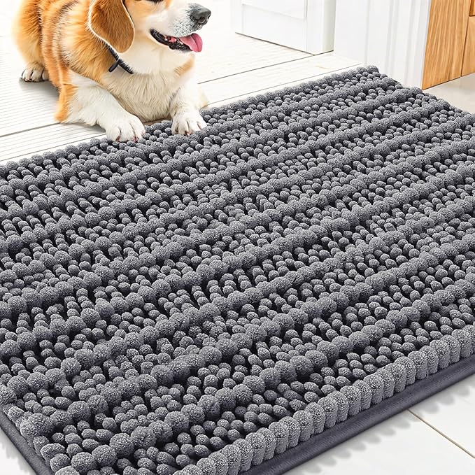 Smiry Dog Door Mat for Muddy Paws 30x20, Extra Soft Absorbent Chenille Doormat, Trap Moisture and Dirt, Non-Slip Machine Washable Front Door Mat for Indoor Entrance Inside Floor, Dark Grey